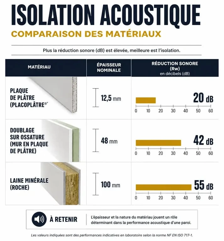 Infographie comparative des matériaux pour isoler phoniquement une pièce
