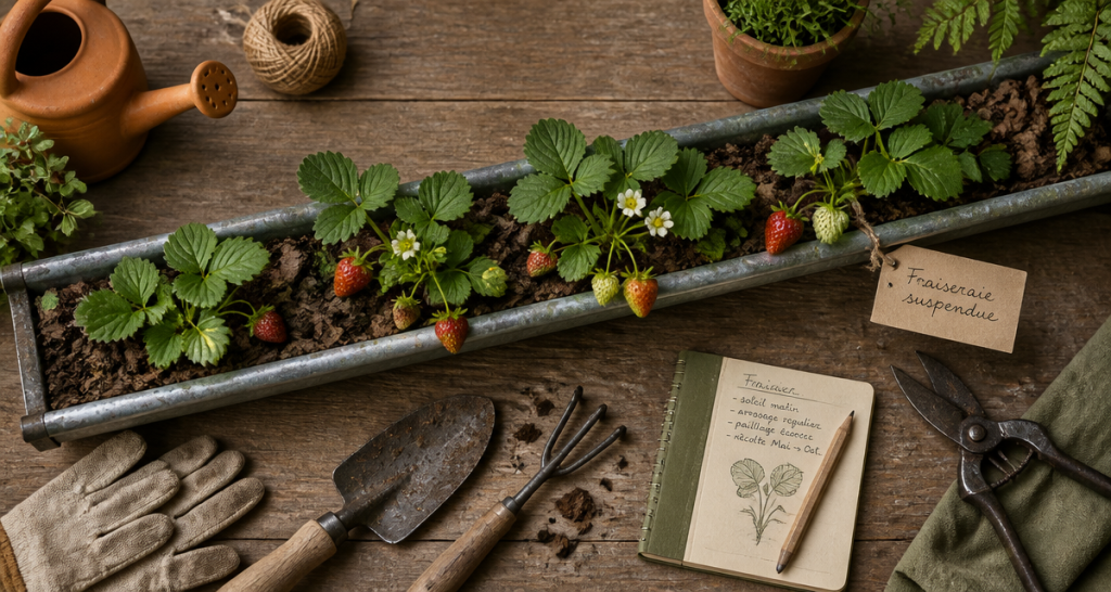 fraisier dans gouttière zinc avec fraises mûres