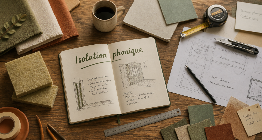 Isoler phoniquement une pièce, échantillons et outils sur table