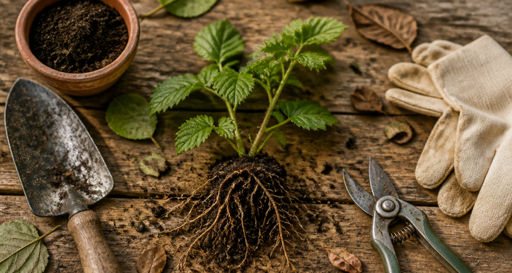 quand repiquer des framboisiers, jeune plant racines exposées