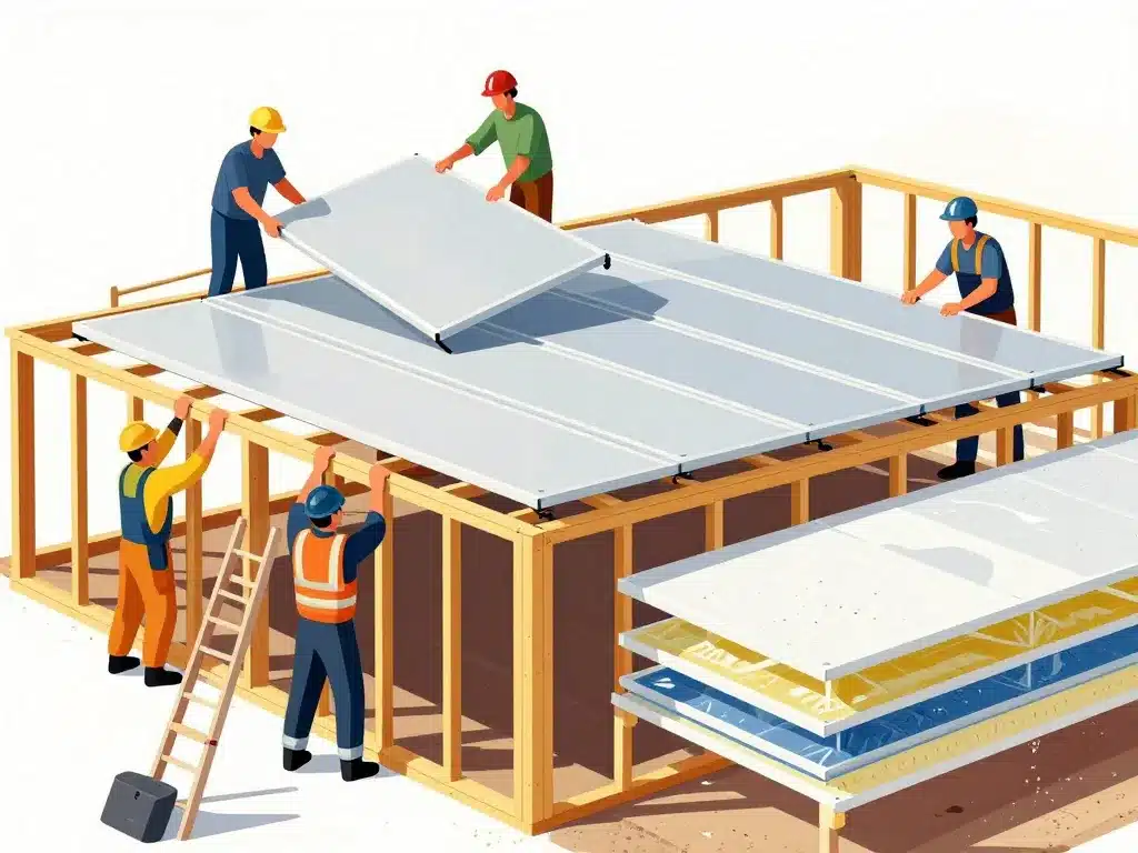 illustration pose panneaux sandwich toiture et étapes principales