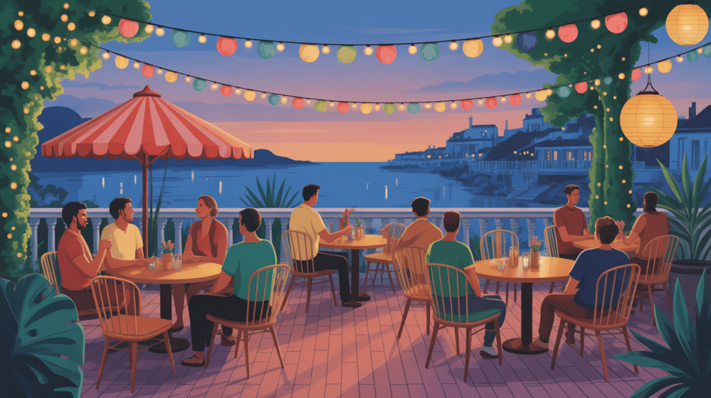 terrasse guinguette ambiance festive extérieure