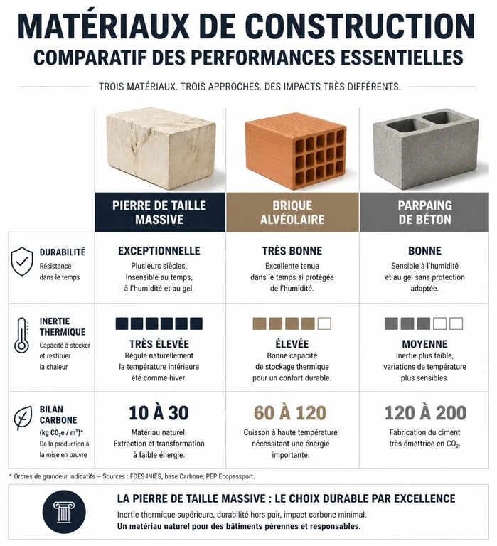 Comparatif des matériaux de construction : pierre de taille, brique et parpaing