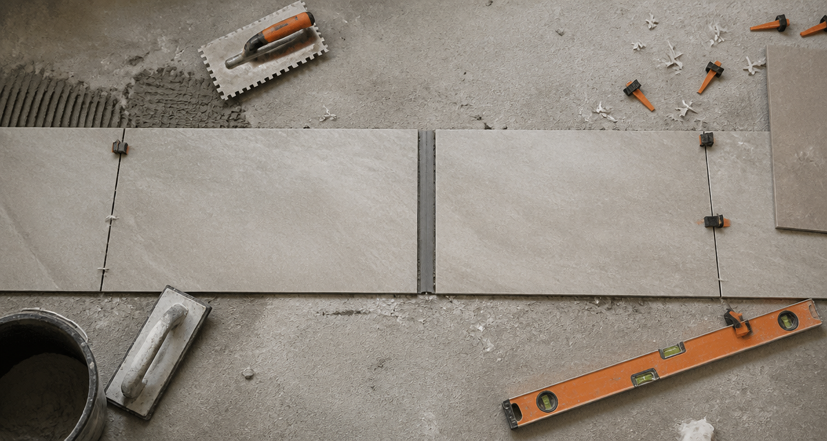 carrelage joint de dilatation sur chantier avec outils