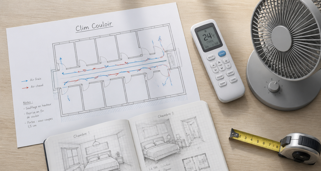 clim dans couloir pour refroidir les chambres, schéma technique et accessoires