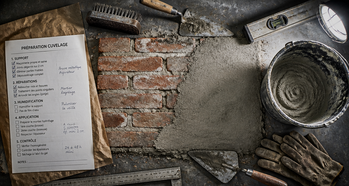 Cuvelage mur, outils maçon et mur enduit