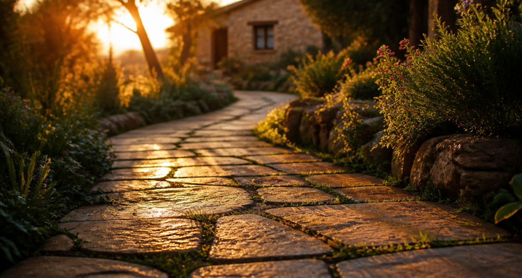 dalle allee de jardin gres nuances chaudes