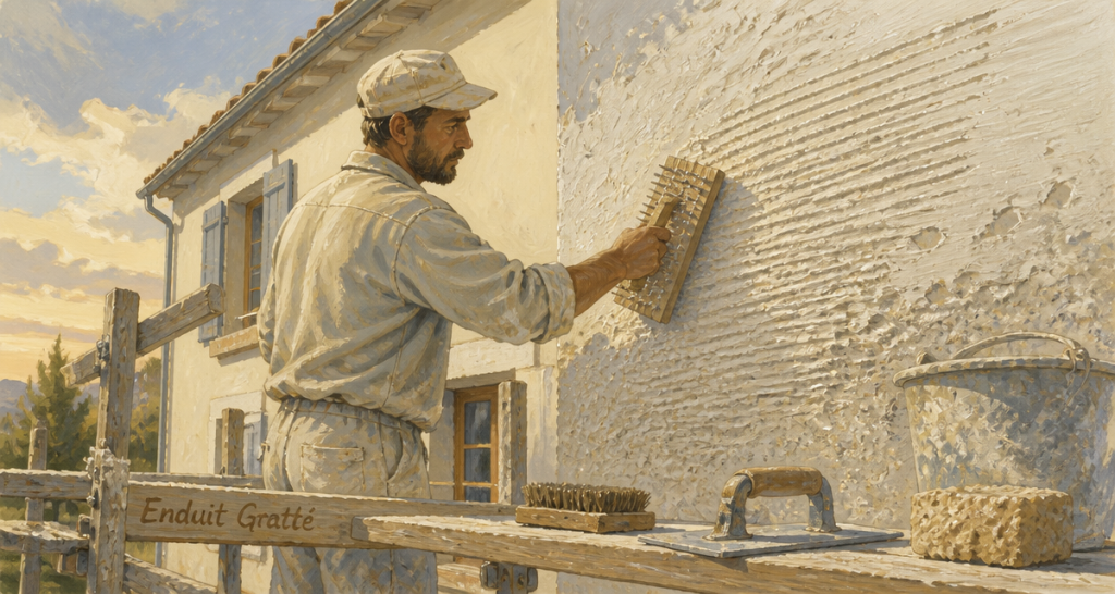 enduit gratte sur mur extérieur par artisan