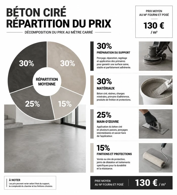 Décomposition du prix au m² pour un projet de béton ciré : préparation, matériaux et main-d'œuvre.