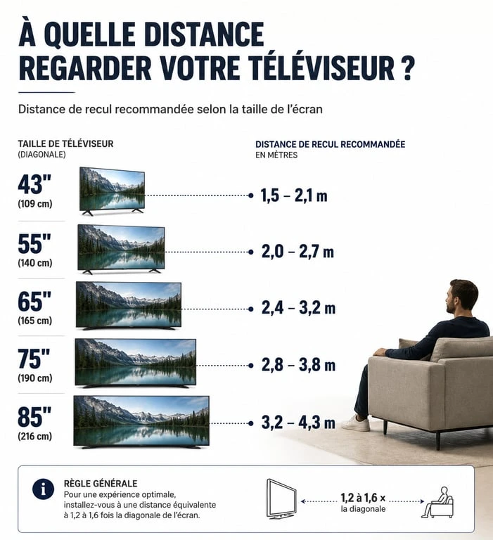 Infographie des tailles de TV recommandées selon la distance de recul pour une expérience 4K optimale