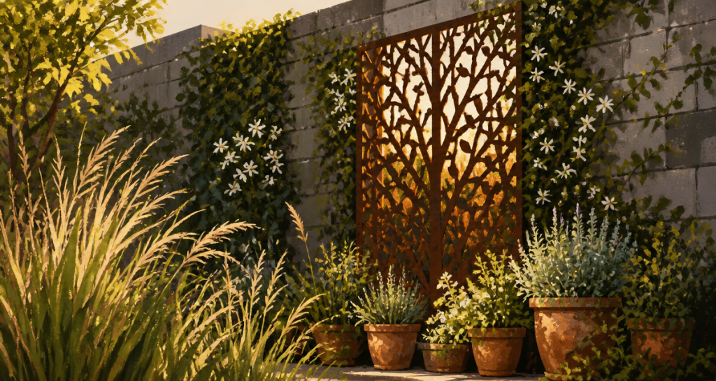 idee pour cacher un mur exterieur avec plantes grimpantes et panneau decoratif