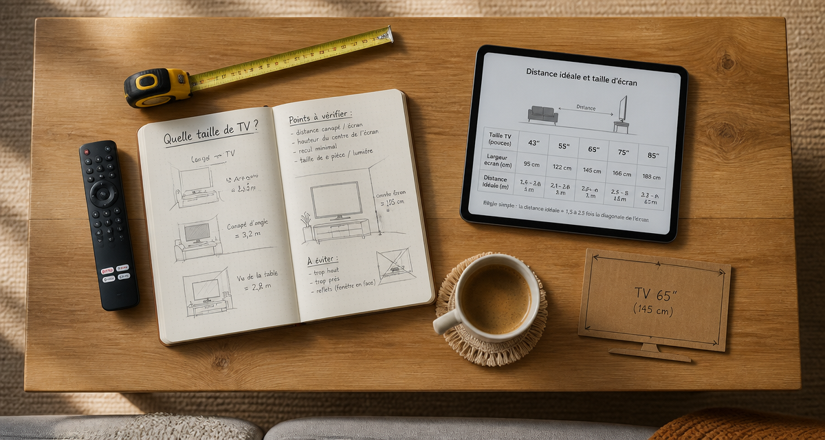 quelle taille de tv choisir pour un salon, illustration avec table, carnet et télécommande
