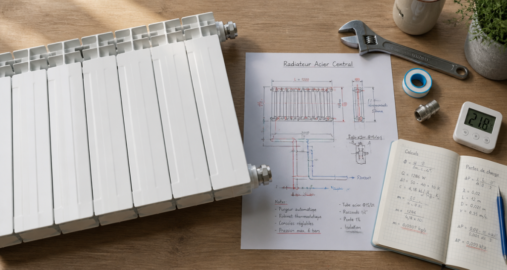 radiateur en acier pour chauffage central avec outils et plan
