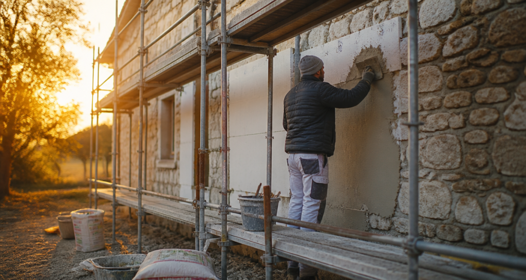 Ravalement ITE ouvrier isolant façade