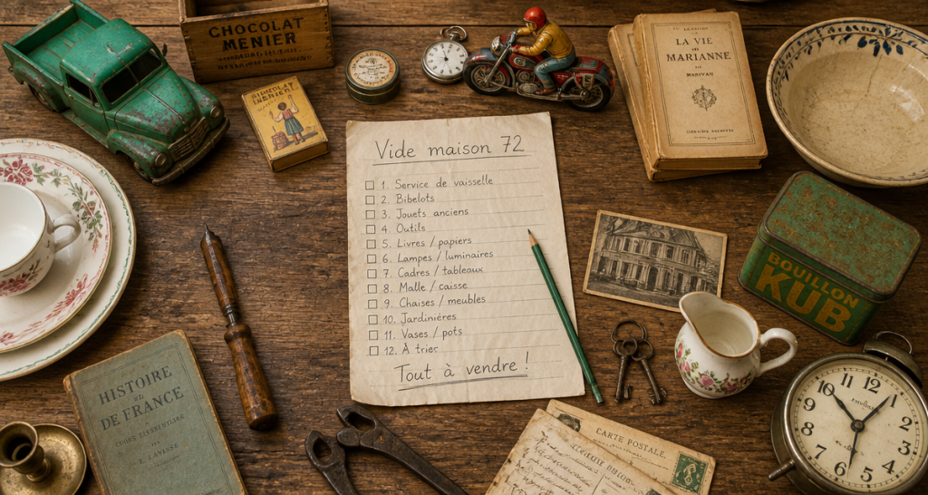 vide maison 72 table objets anciens