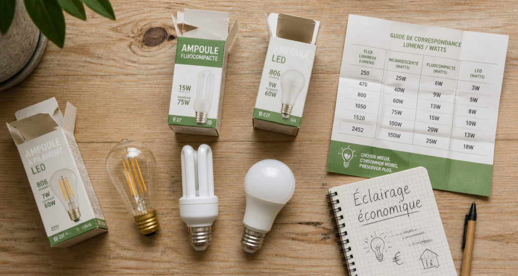Ampoule economique comparaison sur table bois