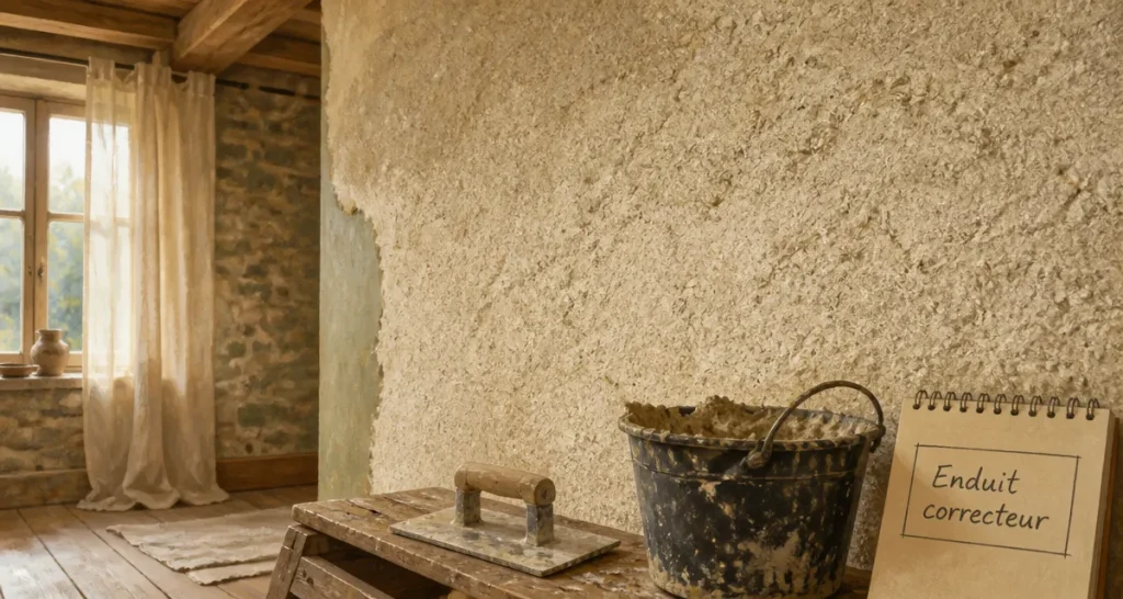 Enduit correcteur thermique sur mur intérieur en chaux-chanvre