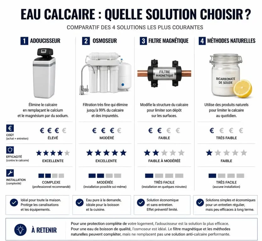 Infographie comparative des solutions pour traiter l'eau calcaire à la maison