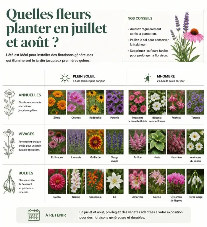 Infographie des fleurs à planter en juillet et août selon l'exposition et le type de plante.