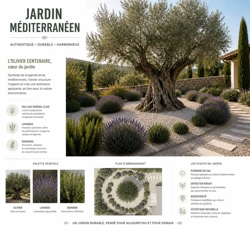Aménagement paysager d'un olivier dans un jardin méditerranéen avec paillage minéral et plantes compagnes