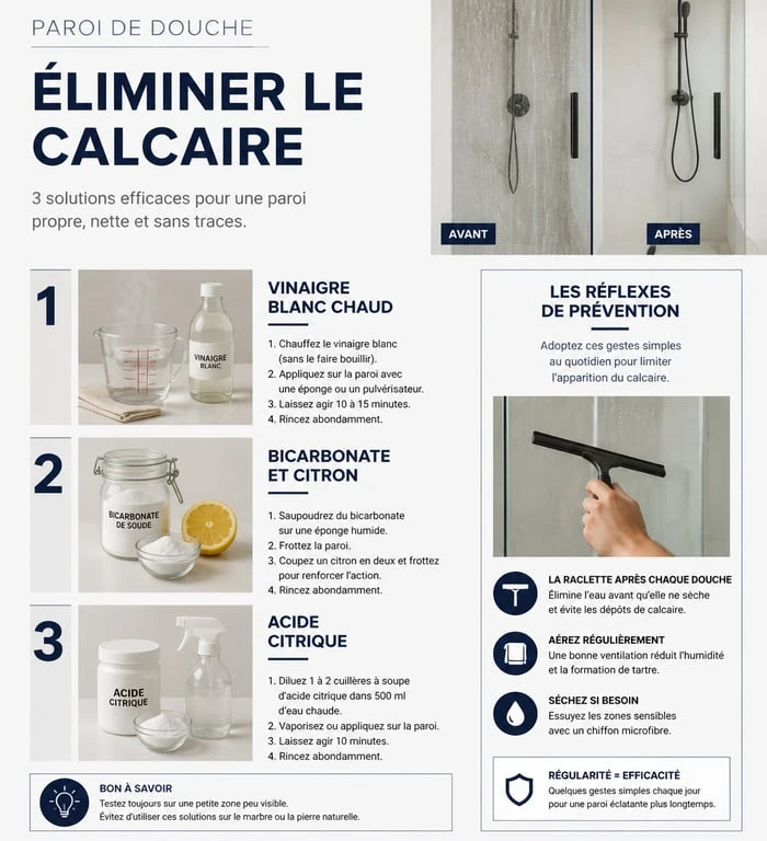 Infographie des méthodes naturelles pour enlever le calcaire sur une paroi de douche