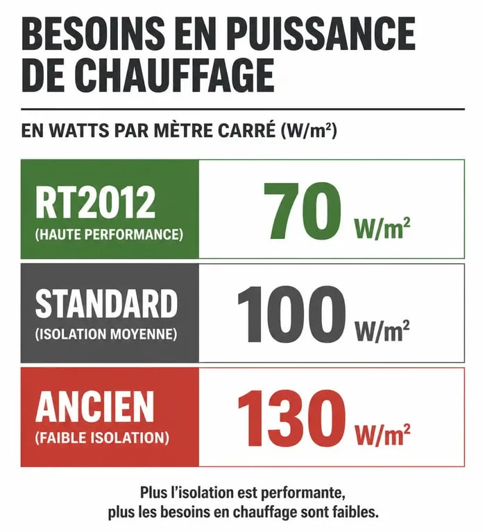 Infographie des besoins en puissance de radiateur par m² selon l'isolation du logement