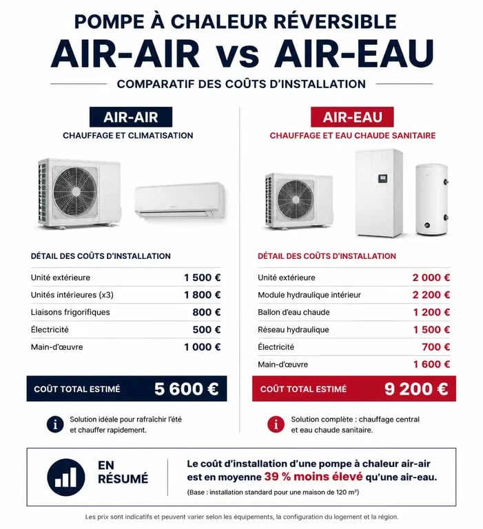 Comparatif des prix d'installation d'une pompe à chaleur clim réversible selon la technologie