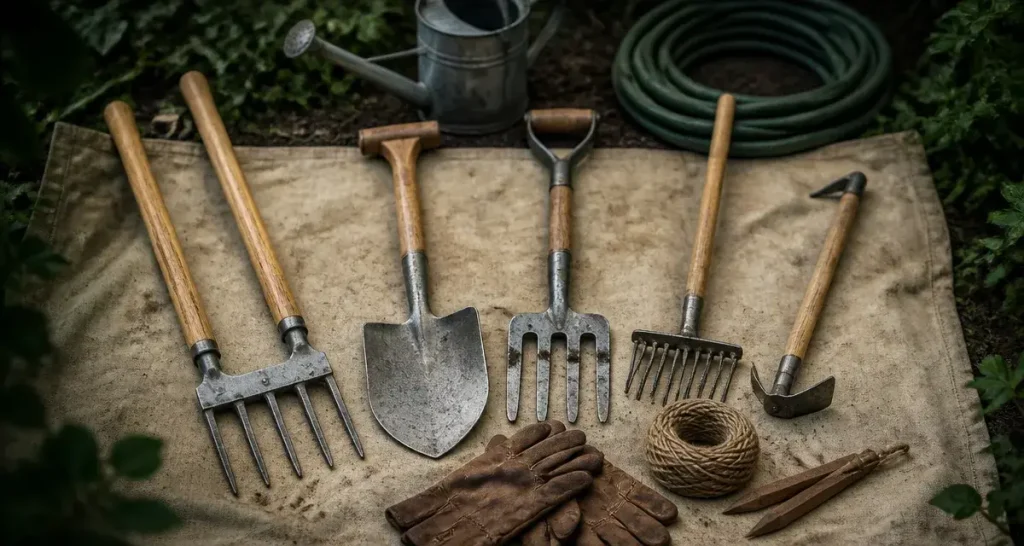 Outils de jardinage : grelinette, bêche, fourche, râteau et serfouette en photo