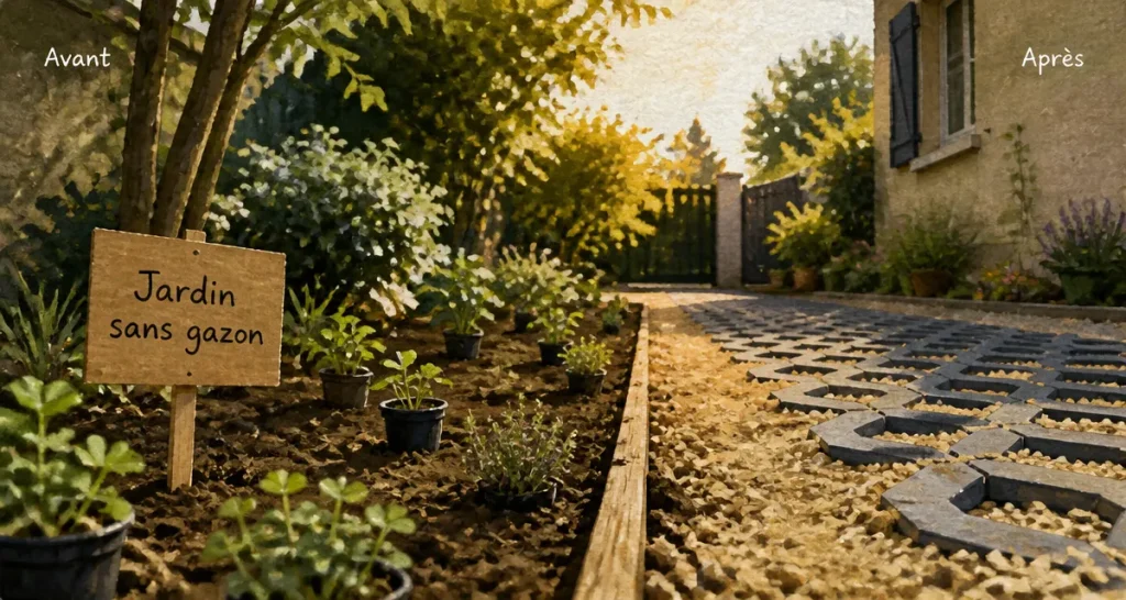 Par quoi remplacer le gazon : trèfle nain, thym et gravier stabilisé pour jardin sans tonte