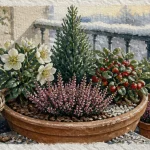 Plante de noel exterieur : jardinières d’hiver avec hellébore, bruyère, gaultheria et conifère