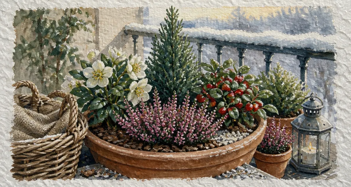 Plante de noel exterieur : jardinières d’hiver avec hellébore, bruyère, gaultheria et conifère