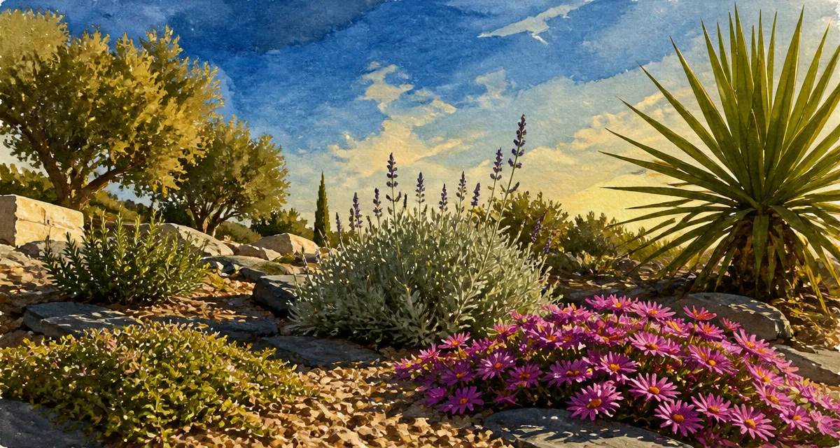 Plantes plein soleil sans arrosage : rocaille ensoleillée, lavande, thym, romarin et pourpier Delosperma