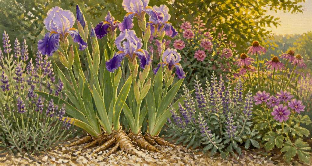 Que mettre au pied des iris massif fleuri jardin
