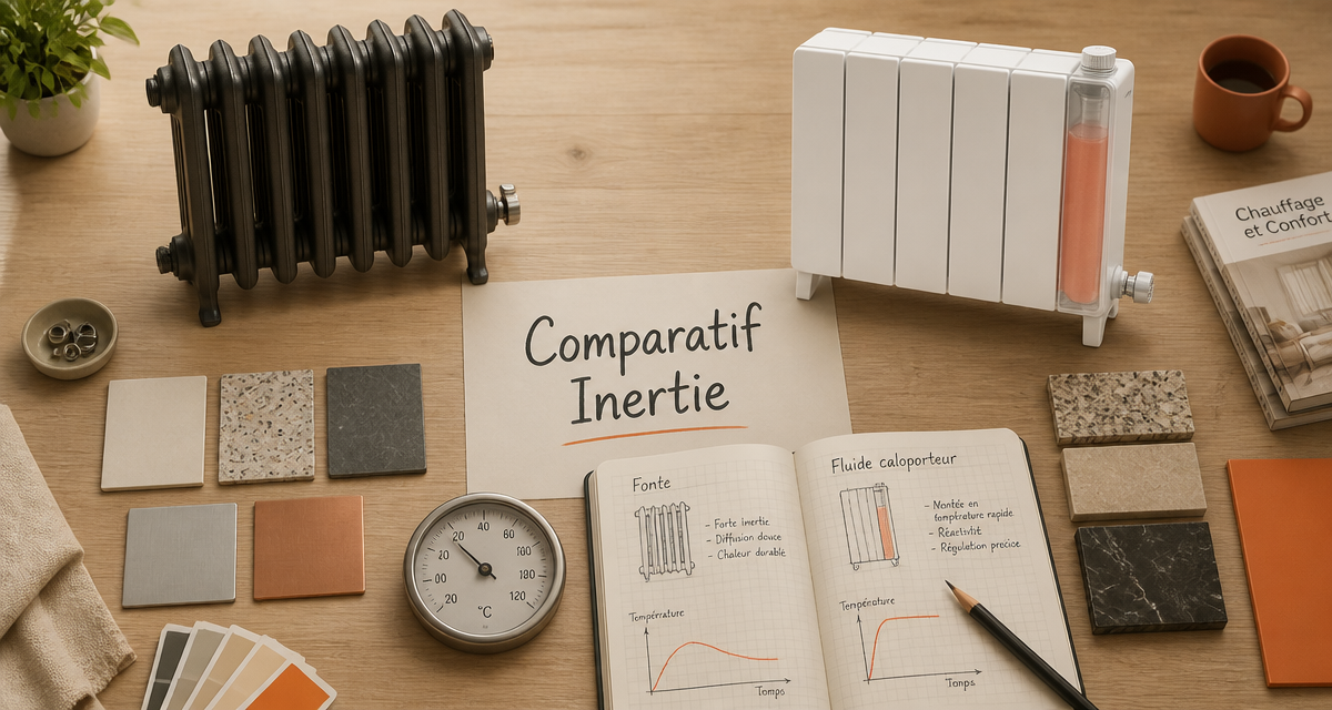 radiateur à inertie comparatif sur table avec matériaux