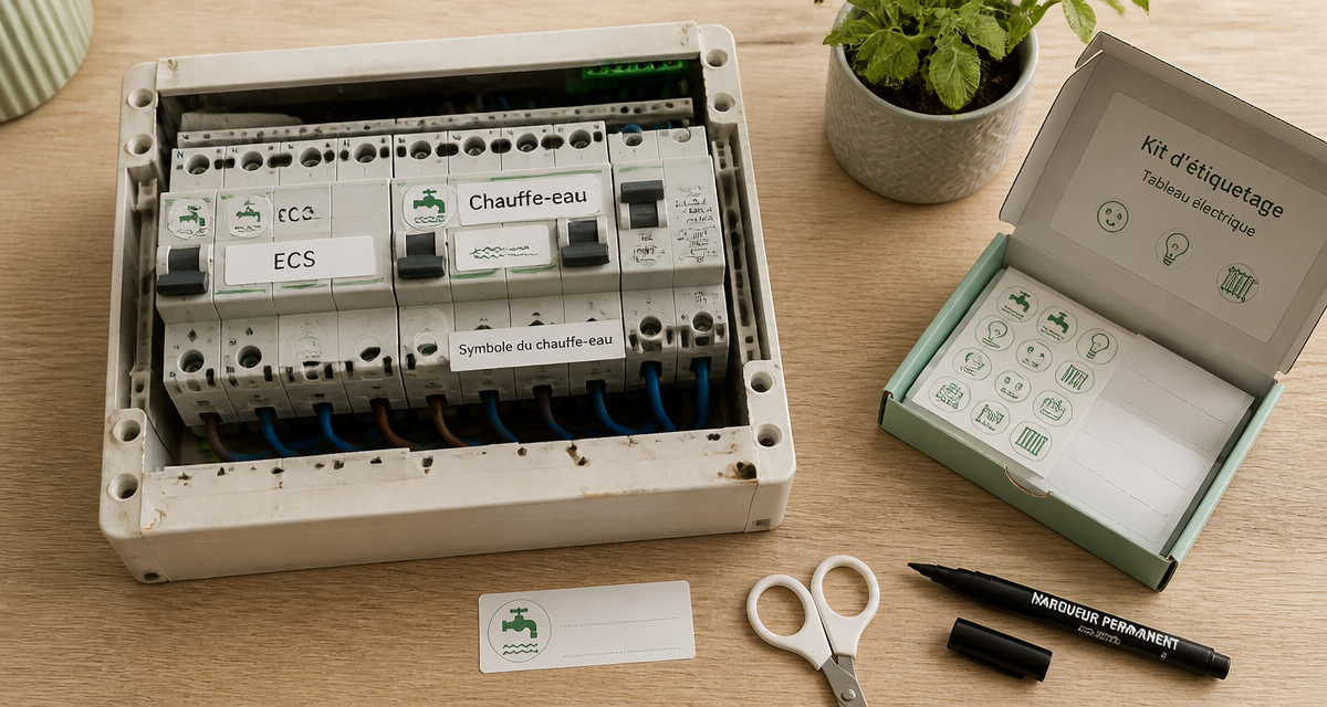 symbole chauffe eau sur tableau electrique avec étiquettes
