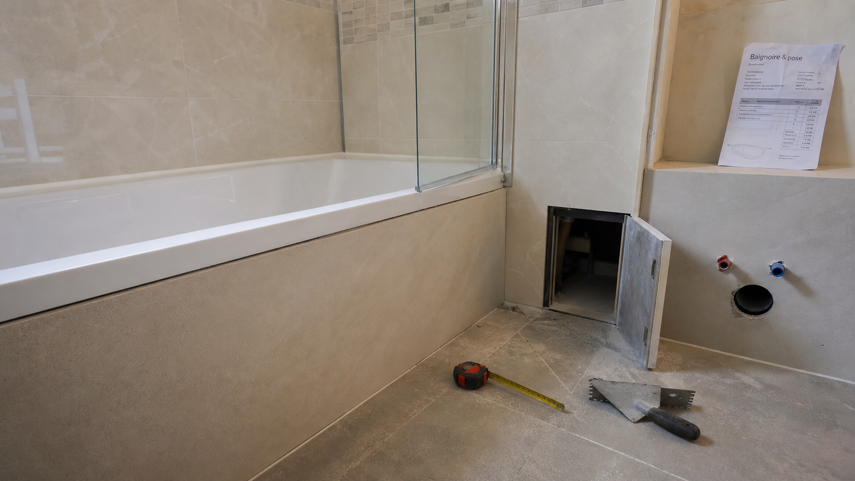 Baignoire de salle de bain blanche en rénovation moderne, avec pare-baignoire vitré