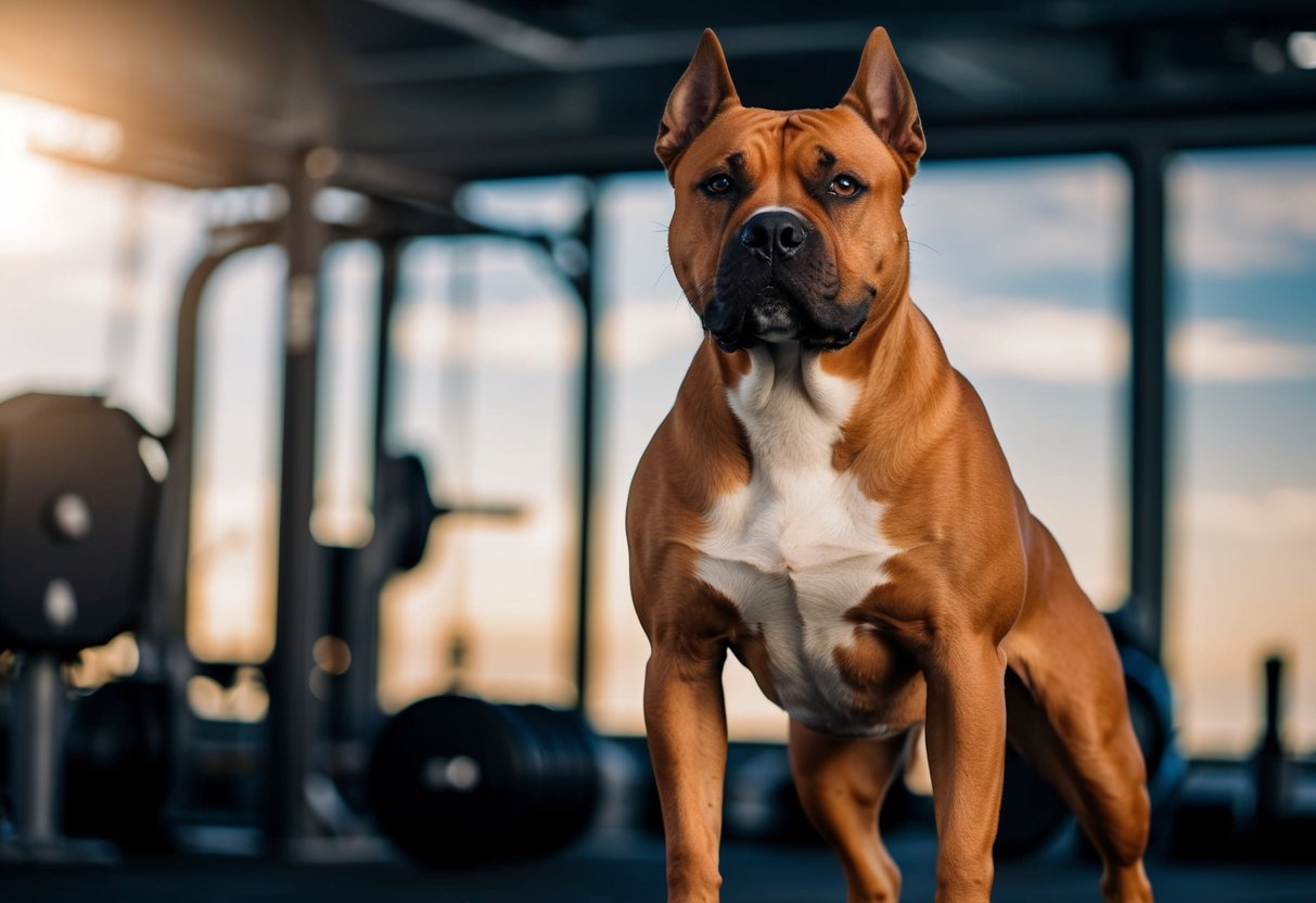 Un chien Staffie musclé se tient avec confiance, avec un physique fort et défini. Il dégage de la puissance et de l'athlétisme, prêt pour l'entraînement.