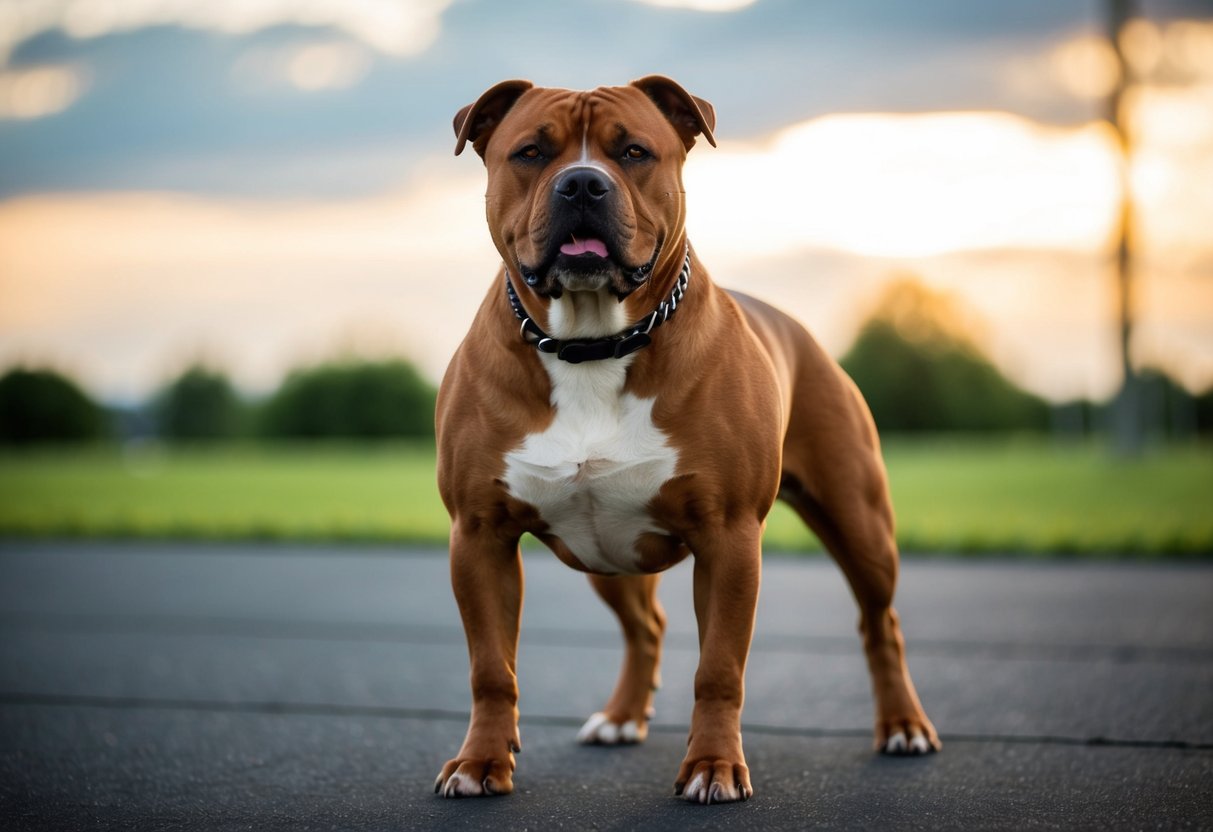 Un chien Staffie musclé se tient confiant, avec une expression forte et déterminée, prêt pour l'entraînement.