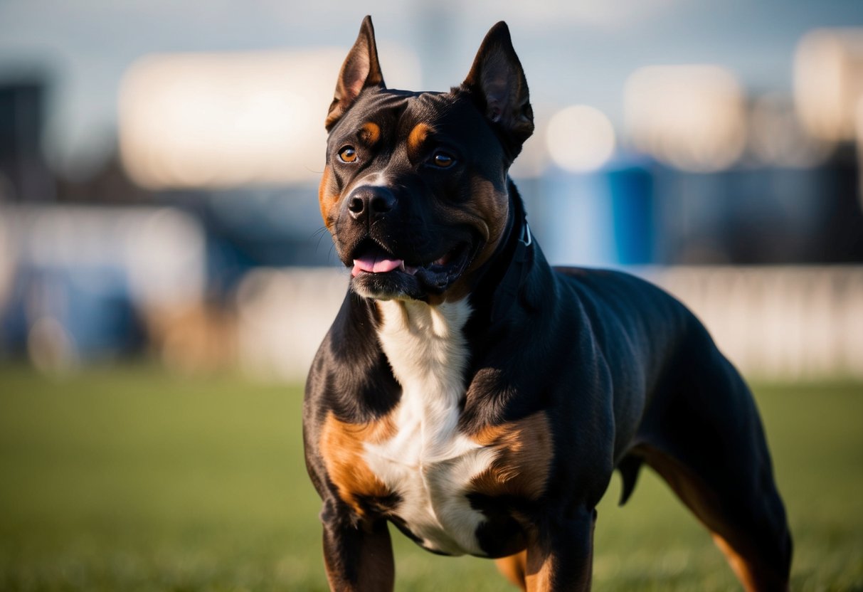 Un Staffie musclé se tient fièrement, mettant en valeur sa construction robuste. Il est en plein entraînement, avec concentration et détermination dans les yeux.