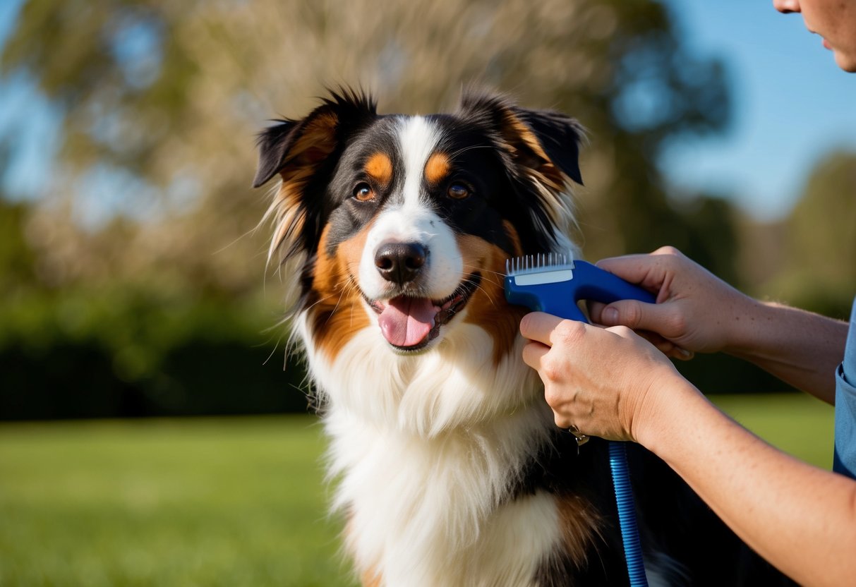 Un Berger Australien en train d'être toiletté à l'extérieur par une journée ensoleillée