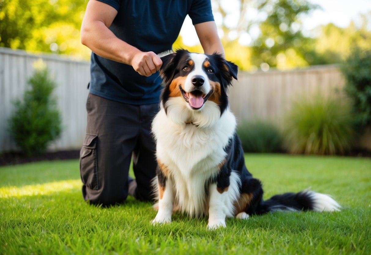Un heureux Berger Australien en train d'être toiletté dans un jardin paisible, avec le soleil brillant et l'herbe fraîchement coupée.