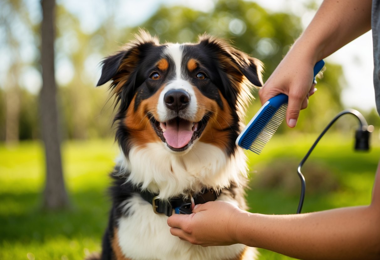 Un heureux Berger Australien en train d'être toiletté en plein air par une journée ensoleillée