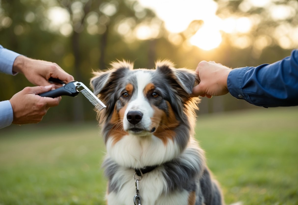 Un berger australien serein en train d'être toiletté avec des techniques de tonte appropriées dans un cadre extérieur paisible.