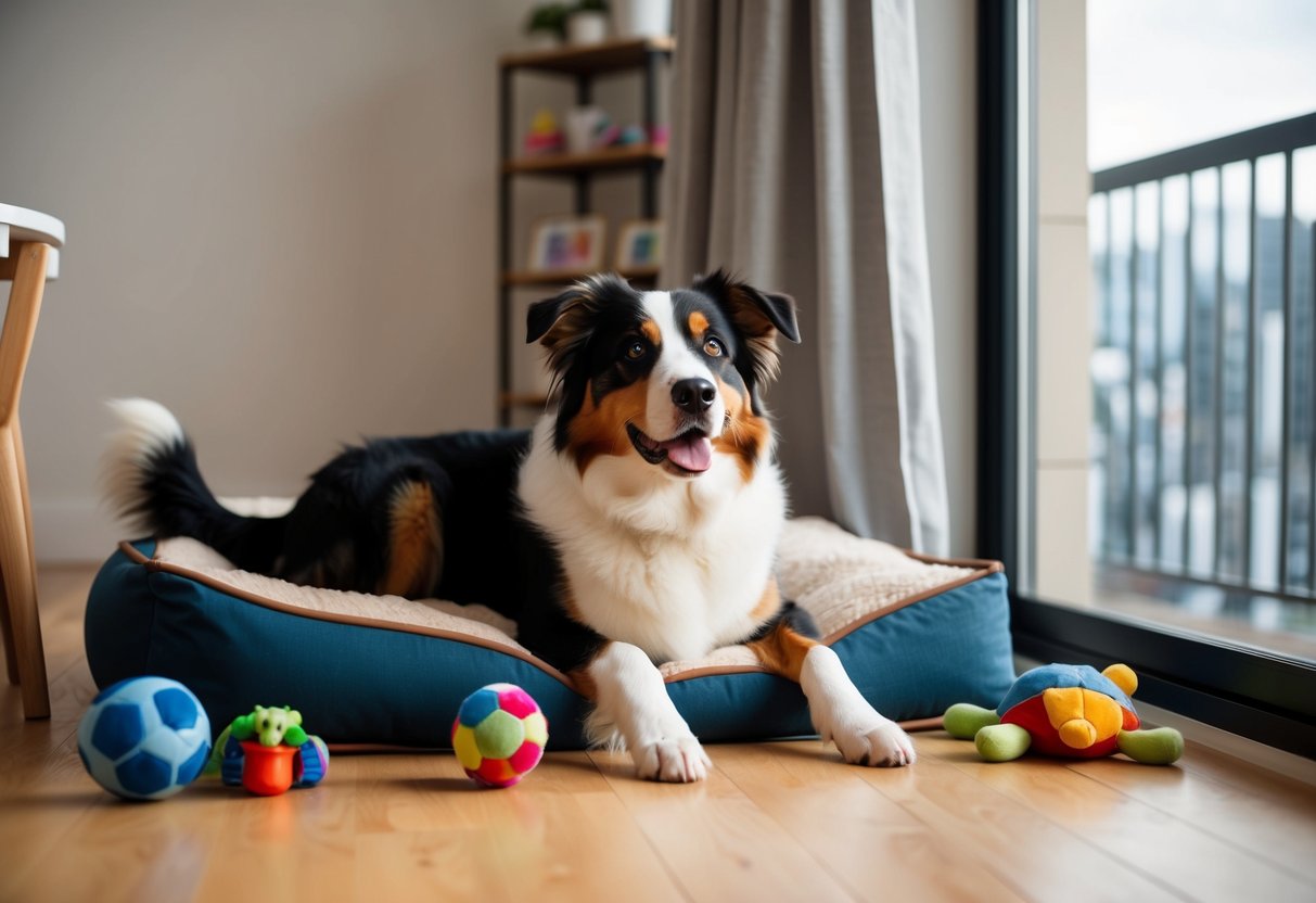 Un berger australien se prélasse paisiblement dans un appartement confortable, entouré de jouets et d'un lit douillet. Le chien regarde par la fenêtre, la queue remuant joyeusement.