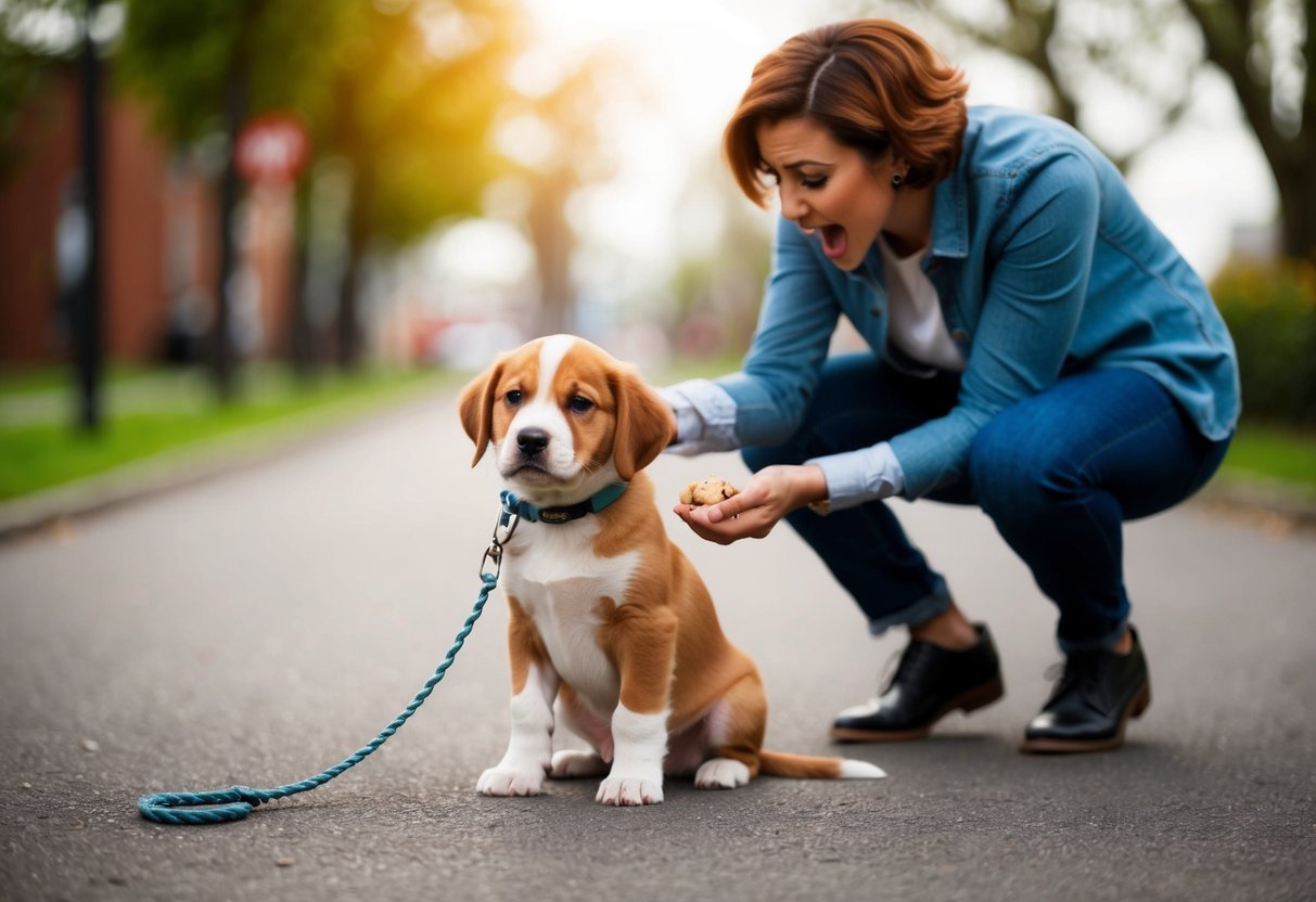 Un chiot espiègle est assis obstinément, la laisse traînant, tandis qu'un propriétaire frustré essaie de l'inciter à avancer avec une friandise.