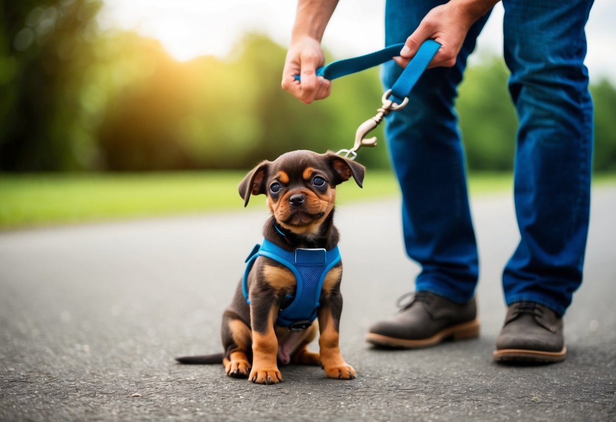 Un petit chiot assis obstinément, refusant de bouger tout en portant une laisse. Un propriétaire frustré essaie d'encourager le chiot à marcher en utilisant des techniques d'entraînement de base.