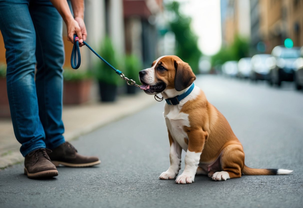 Un chiot déterminé s'assoit obstinément, la laisse tendue, tandis que le propriétaire frustré essaie de les inciter à avancer lors d'une promenade.