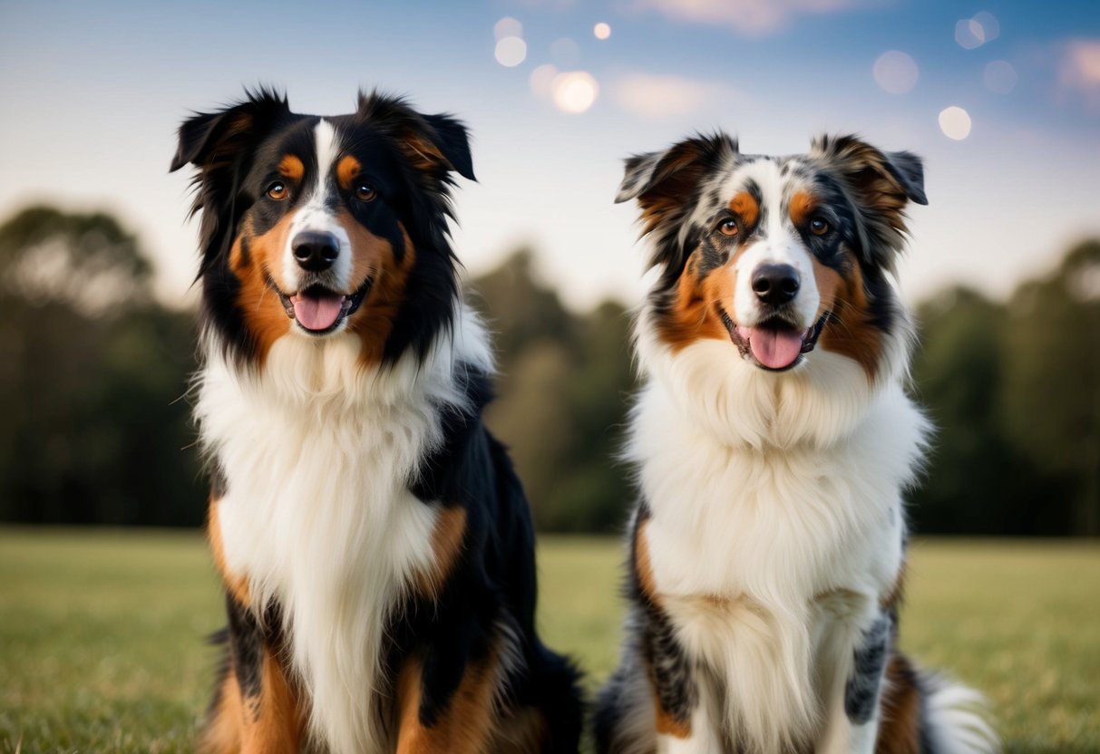 Un mâle et une femelle Australian Shepherd se tiennent côte à côte, mettant en valeur leurs différences distinctes en taille, couleur de pelage et traits du visage.
