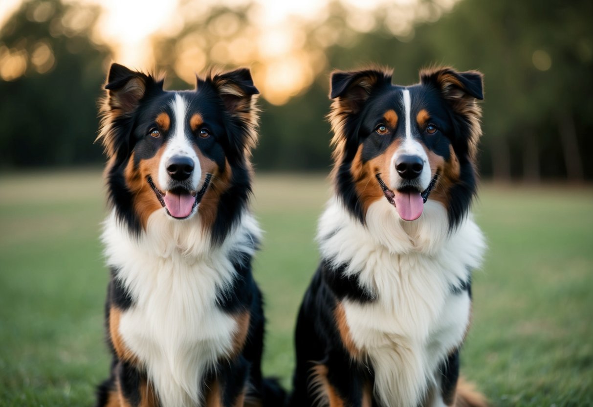 Un mâle et une femelle Australian Shepherd se tiennent côte à côte, mettant en valeur leurs différences distinctes en taille, en corpulence et en couleur de pelage.
