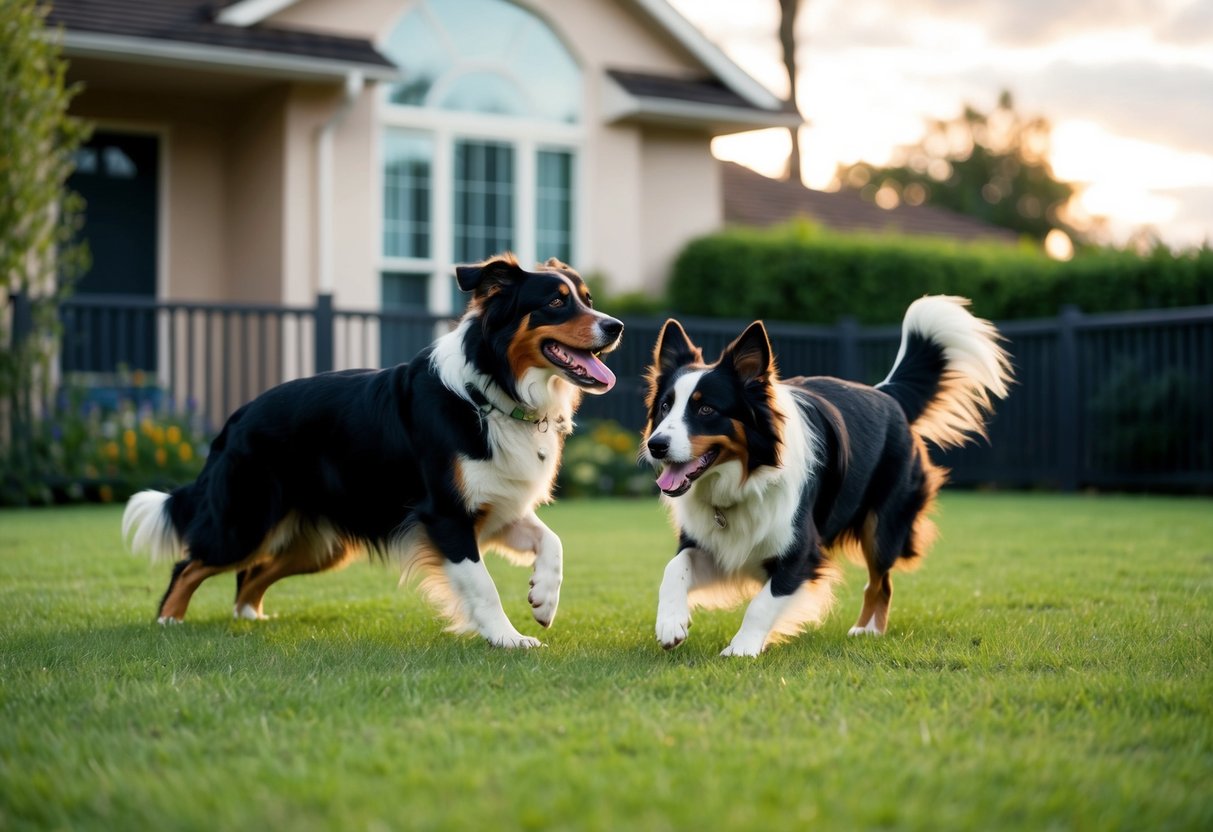 Un berger australien mâle et femelle jouent dans un grand jardin clôturé avec une maison familiale confortable en arrière-plan.